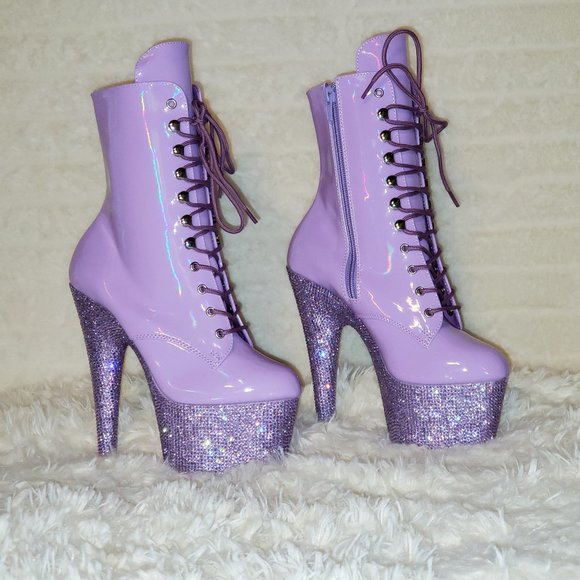 Lilac Purple Hologram Patent Rhinestone Platform Ankle Boots Bejeweled - Picture 1 of 14
